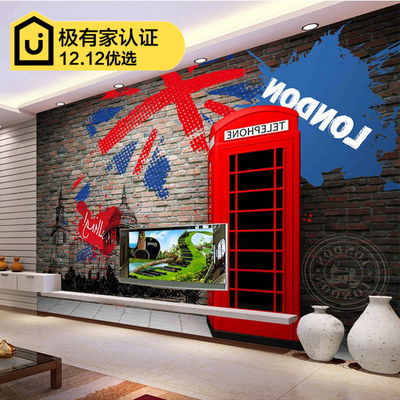 欧美复古3d立体红色电话亭背景墙壁纸KTV茶餐厅电视墙纸大型壁画