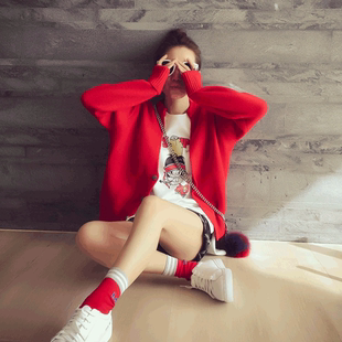 2016春季女韩版宽松纯色短款针织开衫外套毛衣外搭大红色春秋上衣