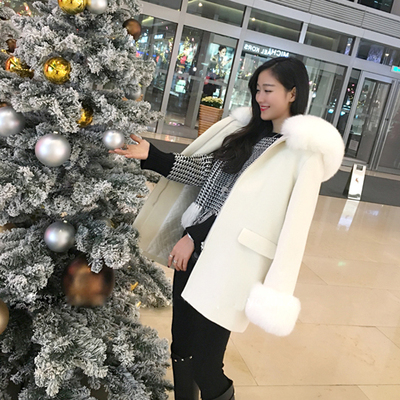 2015冬装新款韩版气质高档大毛领连帽加棉呢大衣毛呢外套圣诞款