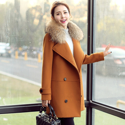 毛呢外套女大码2015冬装新款韩版中长款双排扣加厚加棉呢大衣外衣