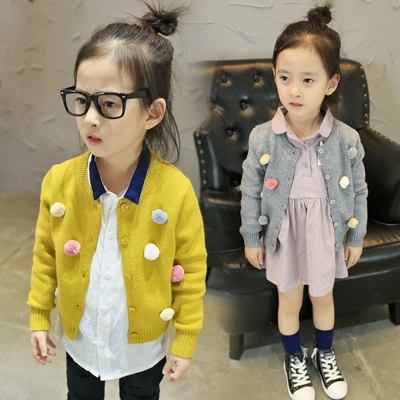 韩版女童秋装新款2016 中小女童球球休闲百搭针织衫毛衣开衫外套