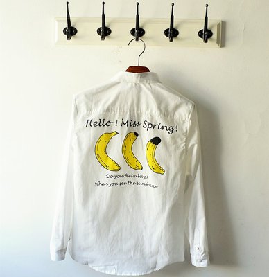 夏日系男装衬衣个性香蕉banana简约英文印花长袖青少年情侣白衬衫