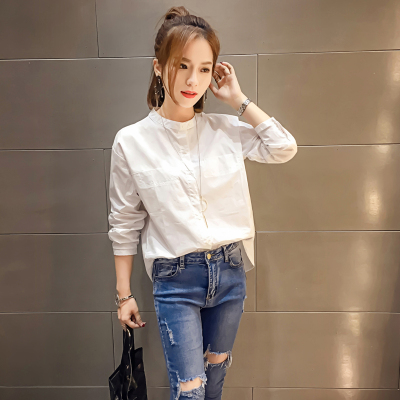 2016秋装新款韩版简约纯色双口袋衬衫长袖白色女打底衫衬衣