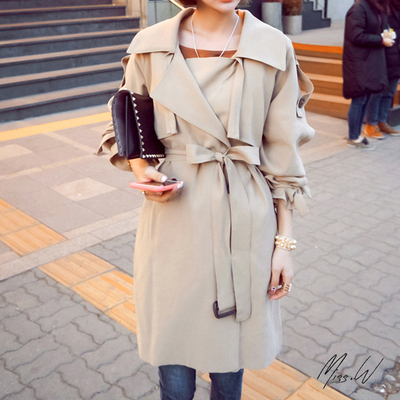 2015新款韩版显瘦中长款风衣系带收腰斗篷外套蝴蝶结公主袖大衣女