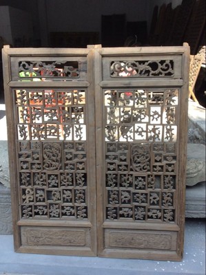古董古玩木艺收藏 清代精美镂空雕花门窗一对123x52