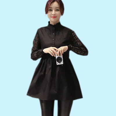新款韩版女装 棉麻连衣裙长袖中长款修身裙子 秋蕾丝打底裙 甜美