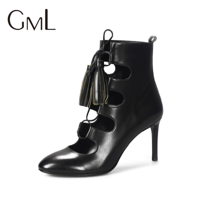 GML女靴2016欧美时尚性感黑色牛皮撞色流苏优雅捆绑高跟短靴16278