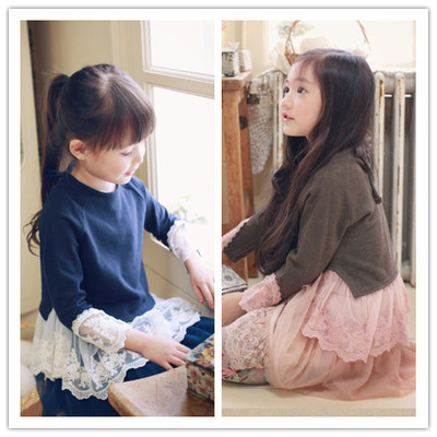 品牌童装 麦菲熊2015韩国春装女童长袖t恤 纯棉蕾丝儿童打底衫