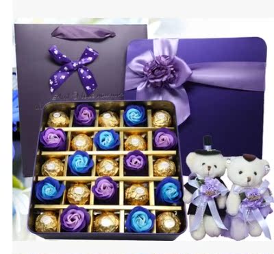 紫此一生费列罗巧克力+蓝紫色玫瑰花DIY铁礼盒情人节礼物送情侣熊