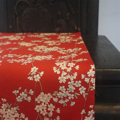 共墨 樱花日本进口棉麻茶席红色樱花老布手织布日式茶道茶布茶席