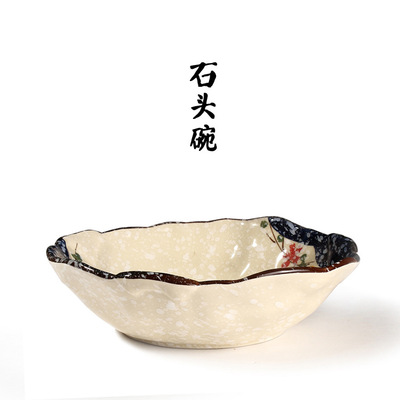 奈良三彩 石头碗 手绘和风雪花釉瓷器变形碗不规则大碗陶瓷汤碗