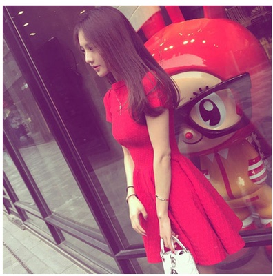 韩国代购2015夏装新款女装明星同款修身A字裙中裙红色连衣裙夏季
