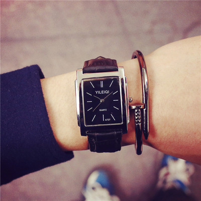 韩版复古时尚潮流休闲PU皮带方形表盘男士手表学生情侣女式腕对表
