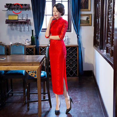 轻奢品牌梵炫FanXuan纯色长款气质复古修身蕾丝新娘连衣裙旗袍
