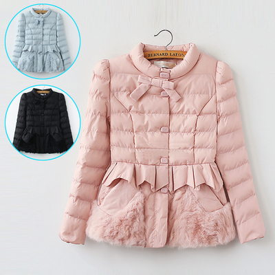2015冬季新款韩版修身短款棉衣女时尚气质立领蝴蝶结毛毛显瘦外套