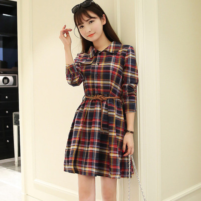 2015秋冬季新款时尚女装 韩版简约格子修身显瘦气质长袖连衣裙