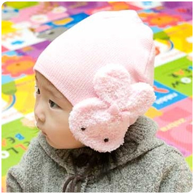 韩版卡通毛绒玩具兔宝宝毛绒玩具针织婴幼儿保暖护耳帽6个月-1岁