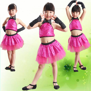 六一新款儿童合唱演出服装女童表演舞蹈服亮片纱裙拉丁爵士小苹果