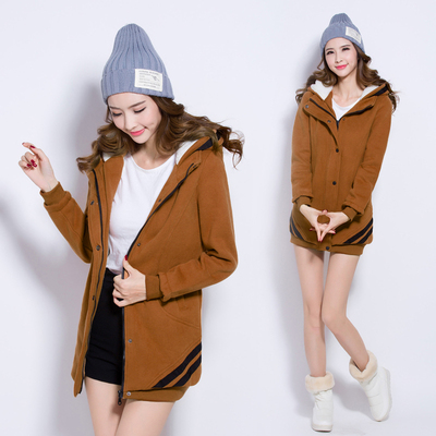2015冬季卫衣连帽韩版加厚中长款加绒修身显瘦卫衣开衫外套女大码