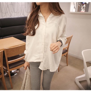 韩国代购2015春夏装新款棉麻宽松中长款白衬衫 女士亚麻长袖衬衣