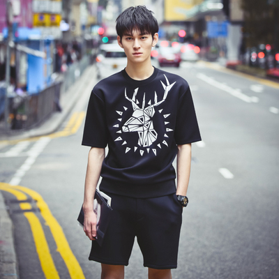 2015夏季韩版修身OVERSIZE欧美大牌鹿头刺绣太空棉男士短袖T恤潮