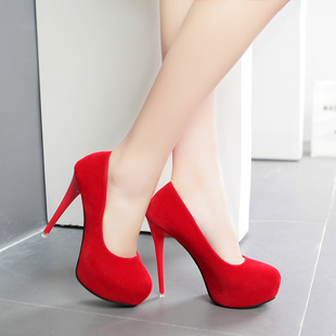 韩版超高跟红色细跟防水台单鞋婚鞋绒面-女鞋