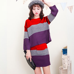 2015秋冬韩版宽松气质条纹针织毛衣包臀短裙套装毛衣毛裙两件套装