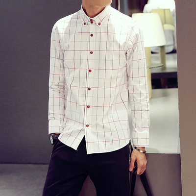 2015秋季新款男装长袖衬衫韩版男士时尚休闲修身纯棉格子长袖衬衫