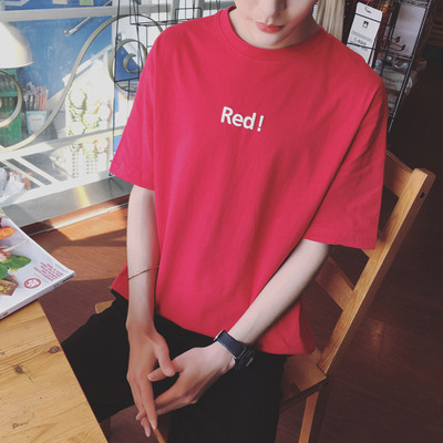夏季韩版带字T恤男宽松5七分袖t血桖学生潮流7分短袖青少年体血衫