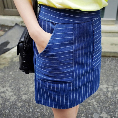 2015春夏季新品韩版小清新条纹半身裙 修身高腰A字裙包臀裙短裙