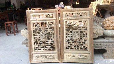古董古玩木艺收藏 清代精美镂空雕花门窗一对95x57