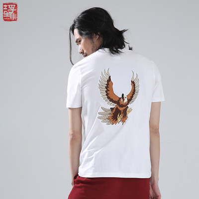 中国风夏季动物刺绣t恤男士短袖T恤2015民族风复古男装圆领半袖T