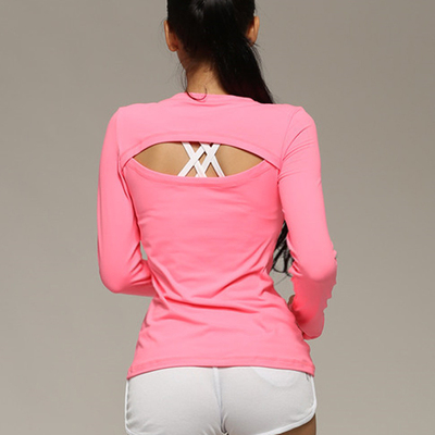 秋冬新款女子健身跑步训练速干瑜伽T恤后背开洞户外运动长袖汗衫