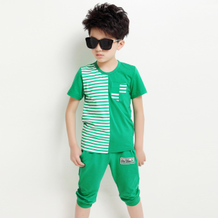 童装2015夏装新款男童纯棉短袖套装条纹两件套中大童韩版男童装