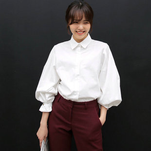2016韩国新品纯棉宽松灯笼长袖衬衫女OL时尚泡泡袖复古休闲白衬衣