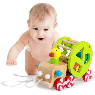 木制小鸭子形状拖车 儿童形状配对益智玩具 环保无毒手线绳拉车
