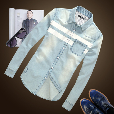 秋季新款韩版修身牛仔衬衫男士纯棉休闲长袖衬衣男薄款男装外套潮