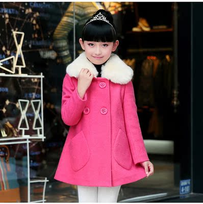 2015新款韩版中大童加厚呢子大衣女童秋冬款双排扣毛呢外套童装