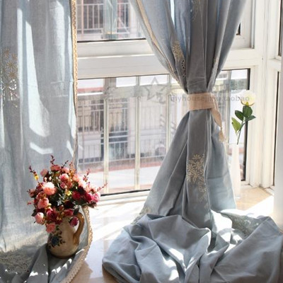 蓝色蕾丝边镂空棉麻刺绣成品落地帘飘窗窗帘 客厅卧室阳台垂直帘