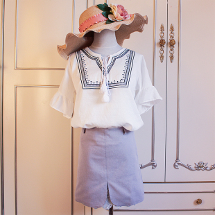 韩版套装夏显腿长清新V领荷叶边白色娃娃衫+高腰包臀短裙两件套
