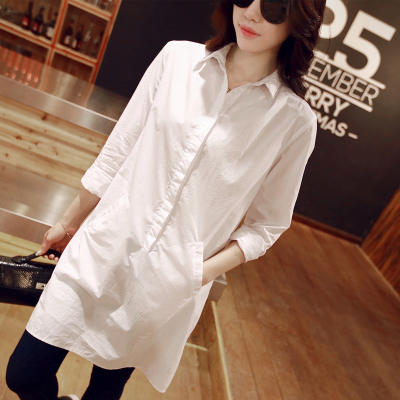 2015秋季新品全棉衬衣女韩版全棉水洗套头中长款白色长袖女衬衣潮