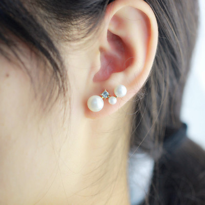 最新款三粒珍珠耳钉女925纯银大小珍珠耳环小香风气质耳钉时尚
