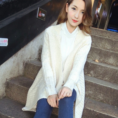 韩版秋冬新款披肩修身不规则中长款亮片针织开衫宽松毛衣外套女潮