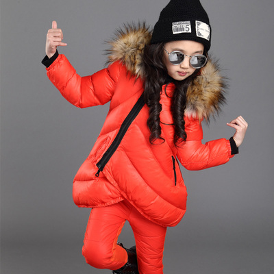 女童冬季加厚套装2015新款童装韩版棉衣棉裤两件套斜拉链毛领套装