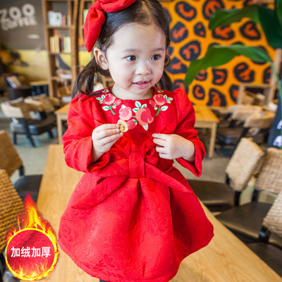 女童长袖连衣裙2015新款冬装儿童大红色公主裙宝宝新年装加绒加厚