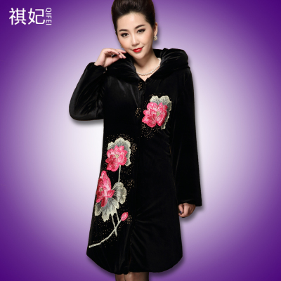 2015年冬季新款加厚民族风绣花中式长款大码奶奶妈妈棉衣棉袄女装