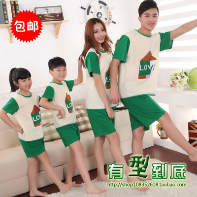 包邮LOVE绿色短袖短裤纯棉亲子装加大码睡衣套装父子母女装夏装