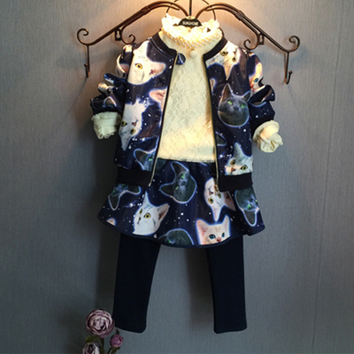 2015韩版秋新款童装儿女童套装小花猫印花棒球服开衫+裙裤两件套