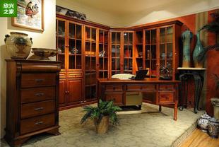 美式实木书柜组合玻璃书橱客厅酒柜装饰柜厂家直销欣兴实木家具