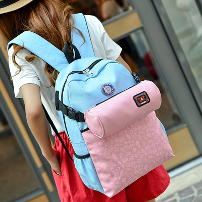 韩版潮新款双肩包女帆布初中学生书包校园撞色旅行背包送水杯包包
